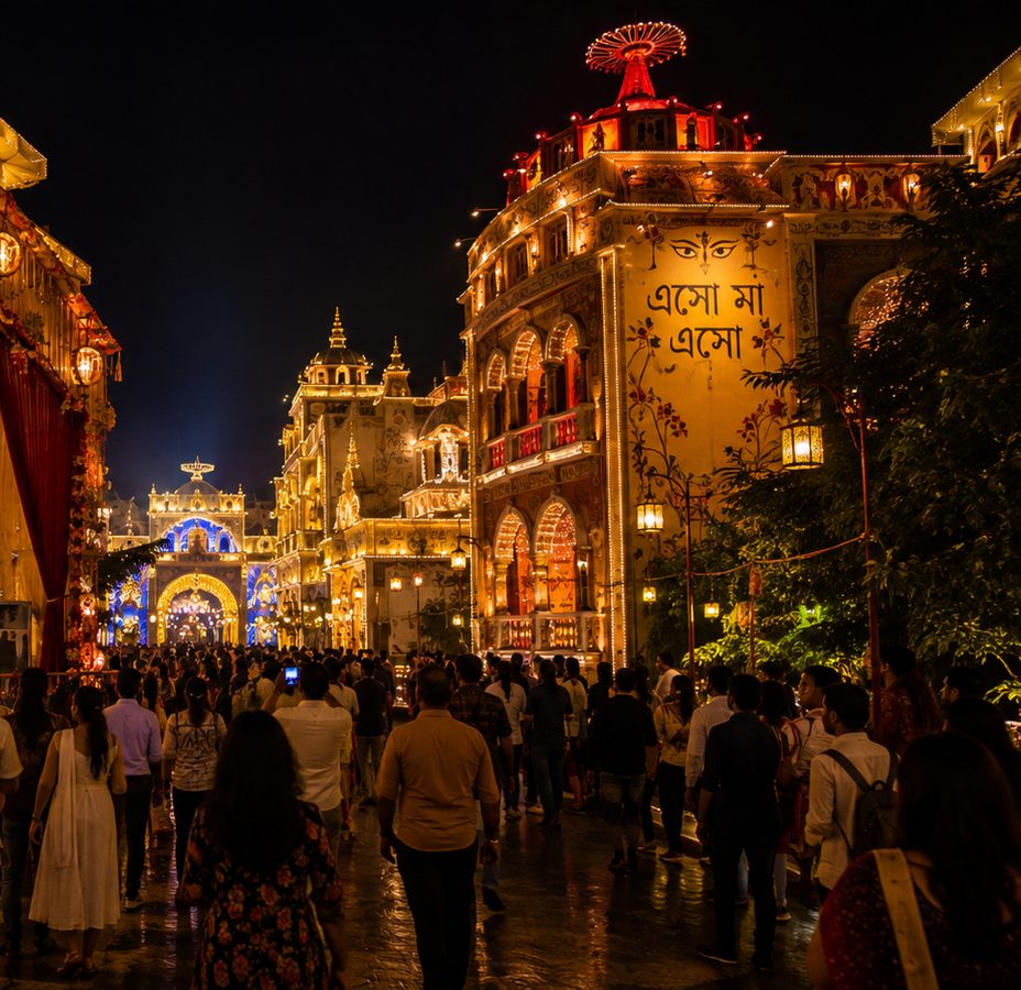 Festive Durga Puja lights in Kolkata at night